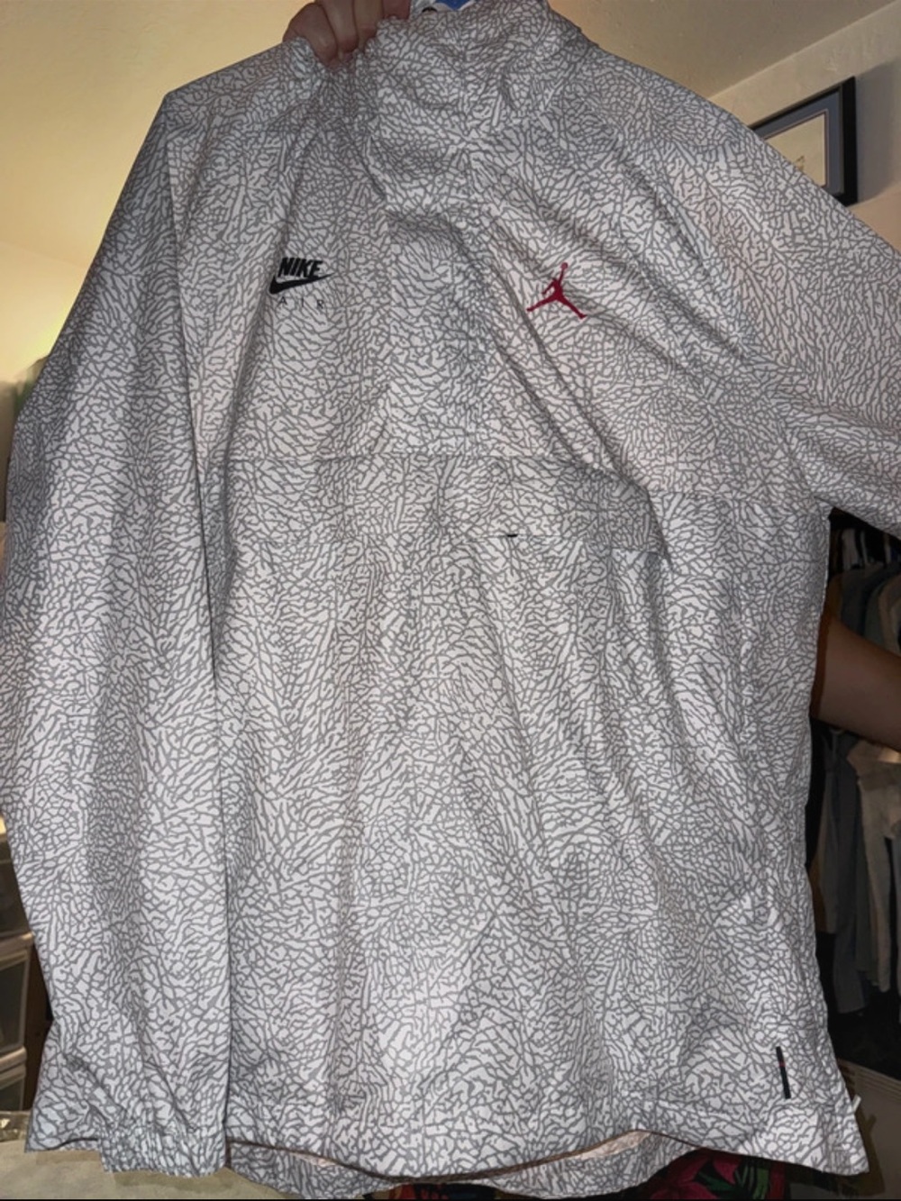 Jordan White Elephant Print Anorak with Black and Red Logos